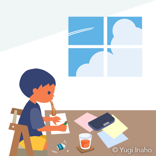 パピコを食べながら宿題する子ども